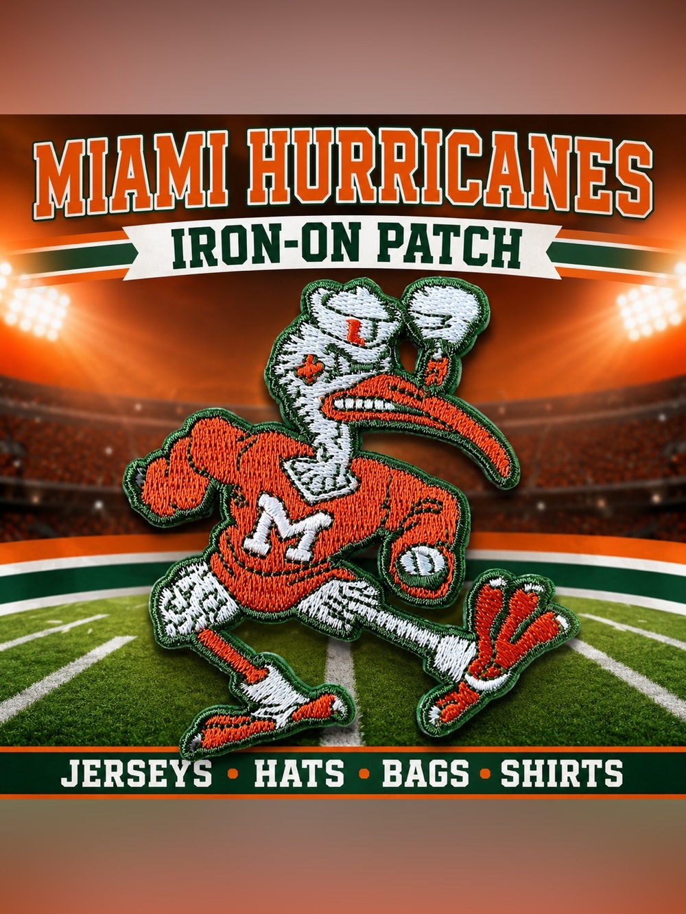 Orange & Green Miami Hurricanes Patch with Letter M - Embroidered